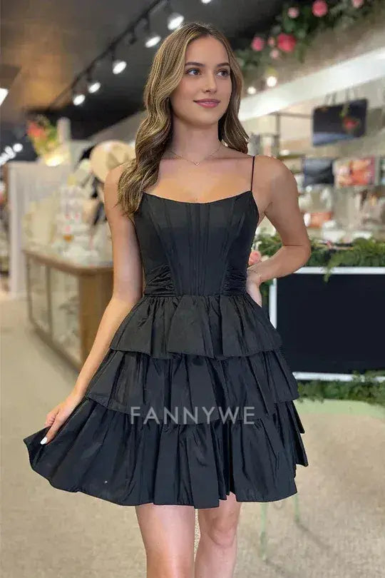 FannyWe Simple Chic Spaghetti Straps Sleeveless A-Line Ruffle Satin Homecoming Dress formal wear dresses